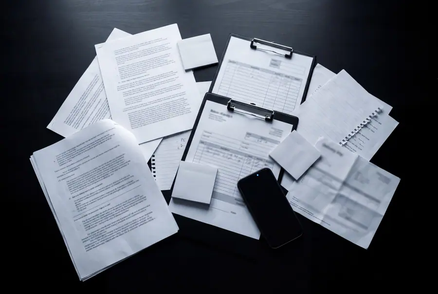 An overhead spill of mixed paperwork on a dark desk: printed emails, forms on clipboards, sticky notes and a phone.