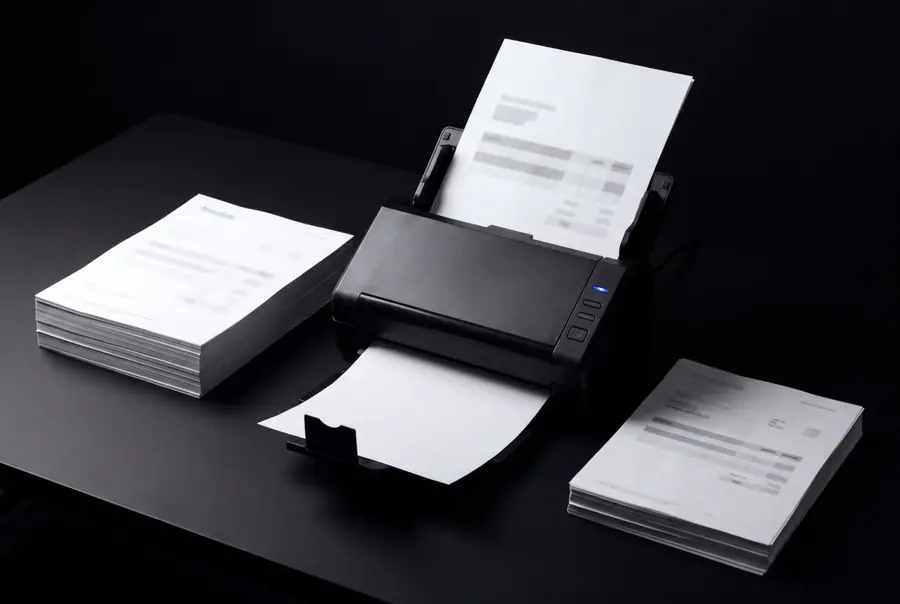 A squared stack of paper invoices beside a document scanner feeding a single sheet, on a dark desk.