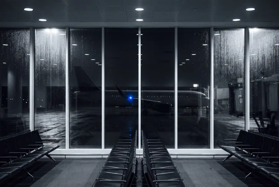 An empty airport departure lounge at night, an airliner parked on the dark apron beyond the glass.