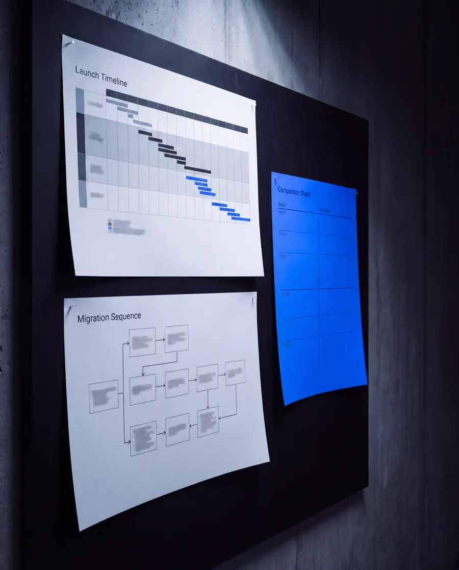 A launch planning wall: a phased timeline chart, a migration sequence diagram and a blue comparison sheet pinned on black.