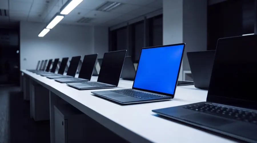 A row of identical new laptops open on a white provisioning bench after hours, one screen lit blue.