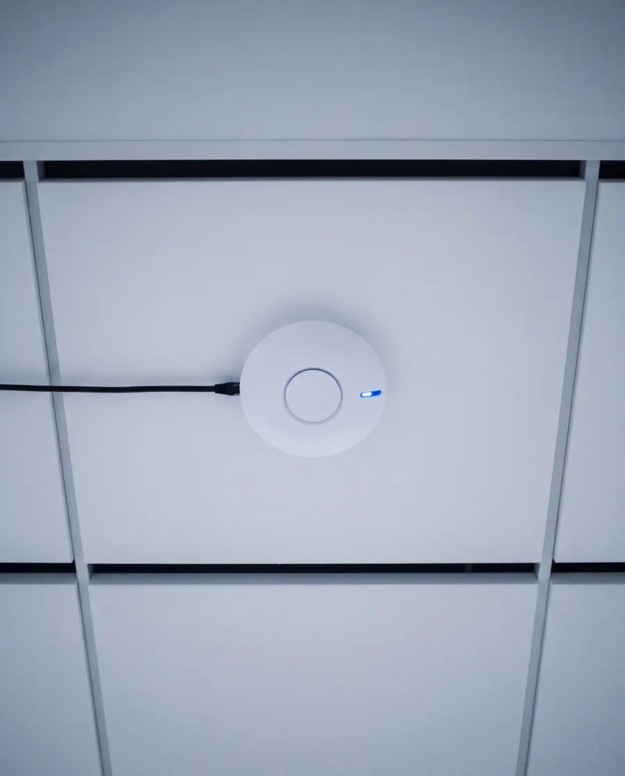 A ceiling wireless access point and a single network cable on a white office ceiling, seen from below.