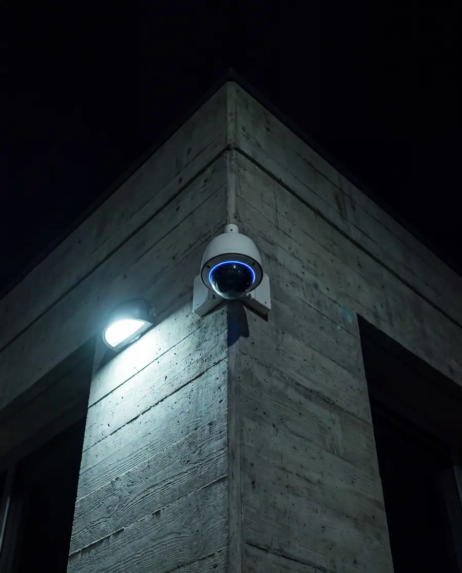 A dome security camera on the corner of a concrete building at night, seen from below.