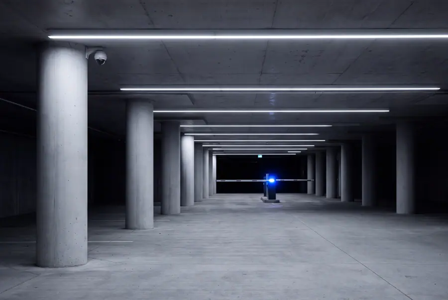 An empty underground parking garage in one-point perspective, a camera on the nearest column.