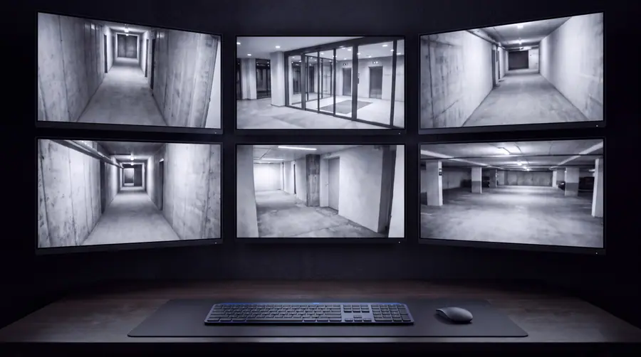 A small building security office at night, a wall of monitors showing empty corridors and a car park above an access control console.
