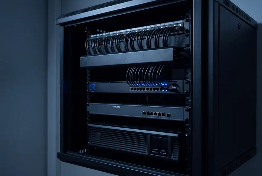 An open wall mounted comms cabinet at night: a patch panel with its leads combed into the manager, a switch with blue link lights, a firewall and a UPS below.